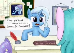 Size: 3651x2604 | Tagged: artist:sheeppony, derpibooru import, desk, guidance counselor, inkwell, quill, safe, speech bubble, starlight's office, text, trixie