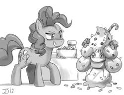 Size: 1200x916 | Tagged: safe, artist:johnjoseco, derpibooru import, pinkie pie, alcremie, earth pony, pony, ask gaming princess luna, candy, candy cane, food, grayscale, imminent vore, monochrome, pokémon, pokémon sword and shield, request, signature, simple background, sprinkles, this will end well, tongue out, white background