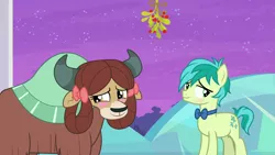 Size: 2063x1161 | Tagged: safe, derpibooru import, edit, edited screencap, screencap, sandbar, yona, earth pony, pony, yak, she's all yak, blushing, bowtie, christmas, female, hearth's warming, heartwarming, holiday, male, mistleholly, now kiss, shipping, shy, smiling, straight, this will end in kisses, treehouse of harmony, yonabar