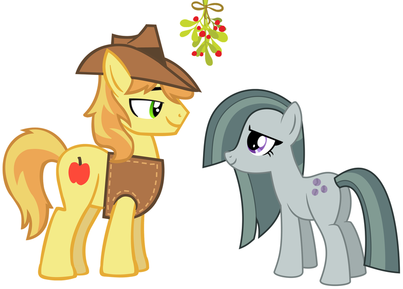 Size: 2027x1455 | Tagged: braeble, braeburn, christmas, derpibooru import, female, hearth's warming, holiday, looking at each other, male, marble pie, mistleholly, romance, romantic, safe, shipping, smiling, straight