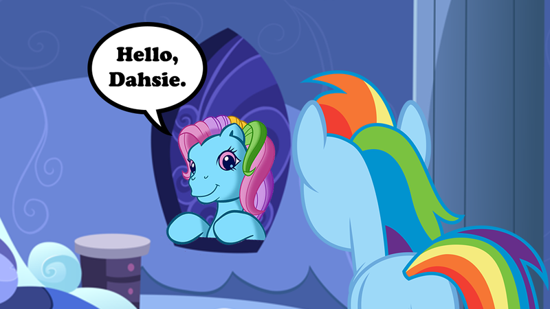 Size: 1024x576 | Tagged: artist:daringdashie, artist:drakizora, artist:supermatt314, derpibooru import, g3, generational ponidox, looking through the window, misspelling, rainbow dash, rainbow dash (g3), rainbow dash's bedroom, rainbow dash's house, rear view, safe, smiling, speech bubble, window