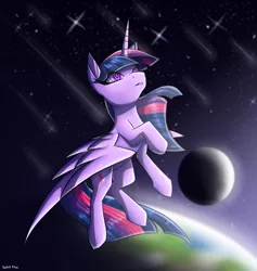 Size: 1800x1900 | Tagged: safe, artist:spirit-fire360, derpibooru import, twilight sparkle, twilight sparkle (alicorn), alicorn, pony, earth, moon, planet, redraw, solo, space, stars