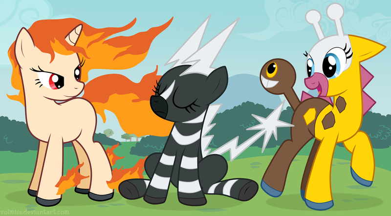 Size: 1300x719 | Tagged: safe, derpibooru import, ponified, blitzle, girafarig, pony, rapidash, pokémon