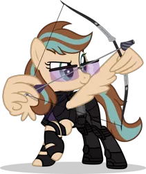 Size: 1280x1516 | Tagged: safe, artist:mlp-trailgrazer, derpibooru import, oc, oc:krystal clear, unofficial characters only, pegasus, pony, arrow, bow (weapon), bow and arrow, clothes, cosplay, costume, female, glasses, hawkeye, mare, simple background, solo, transparent background, weapon, wing hands, wings