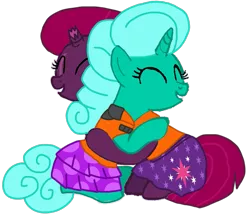 Size: 1209x1043 | Tagged: safe, artist:徐詩珮, derpibooru import, fizzlepop berrytwist, glitter drops, tempest shadow, unicorn, series:sprglitemplight diary, series:sprglitemplight life jacket days, series:springshadowdrops diary, series:springshadowdrops life jacket days, alternate universe, base used, broken horn, clothes, cute, female, glitterbetes, glittershadow, horn, hug, lesbian, lifejacket, shipping, simple background, swimsuit, tempestbetes, transparent background