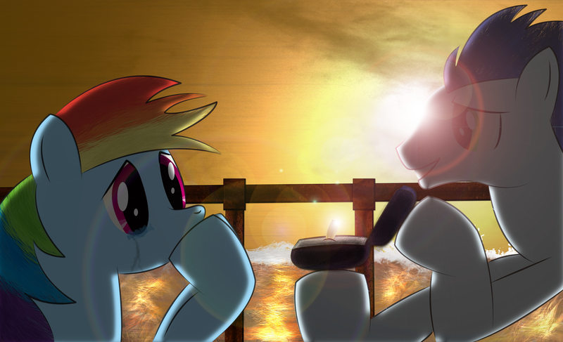 Size: 1024x623 | Tagged: safe, artist:brovic43, derpibooru import, rainbow dash, soarin', crying, female, male, marriage proposal, romantic, shipping, soarindash, straight, sunset, tears of joy