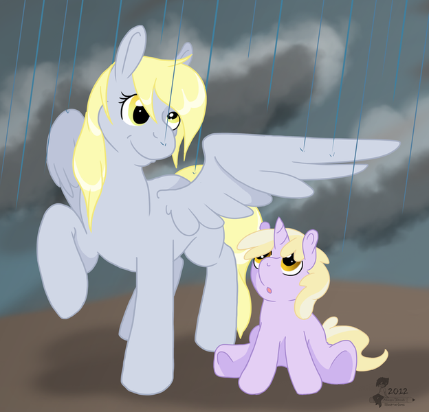 Size: 900x866 | Tagged: safe, artist:rottingroot, derpibooru import, derpy hooves, dinky hooves, pegasus, pony, equestria's best mother, female, mare, rain