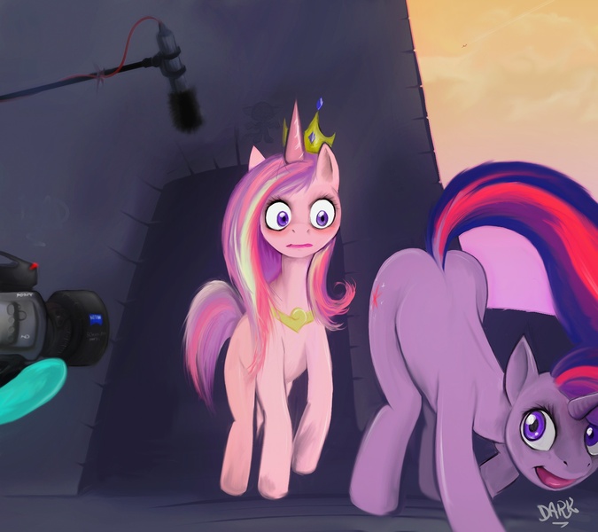 Size: 1800x1600 | Tagged: artist:darkdoomer, awkward, behind the scenes, butt, butt shake, camera, derpibooru import, face down ass up, female, lesbian, meta, microphone, pixiv, plot, presenting, princess cadance, scene interpretation, shipping, shocked, suggestive, sunshine sunshine, twidance, twilight sparkle, uncomfortable, watermark