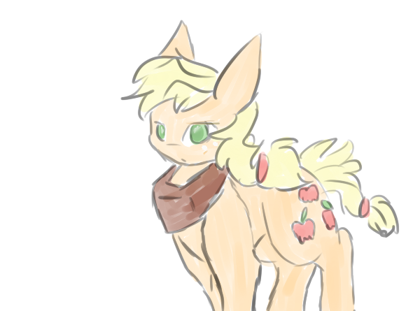 Size: 600x445 | Tagged: applejack, applejack (male), artist:angelstar000, derpibooru import, hatless, horse collar, male, missing accessory, rule 63, safe, simple background, solo, traditional art, trap