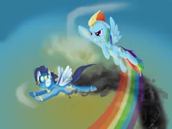 Size: 900x675 | Tagged: artist:sharkayartist, derpibooru import, flying, rainbow dash, safe, soarin'