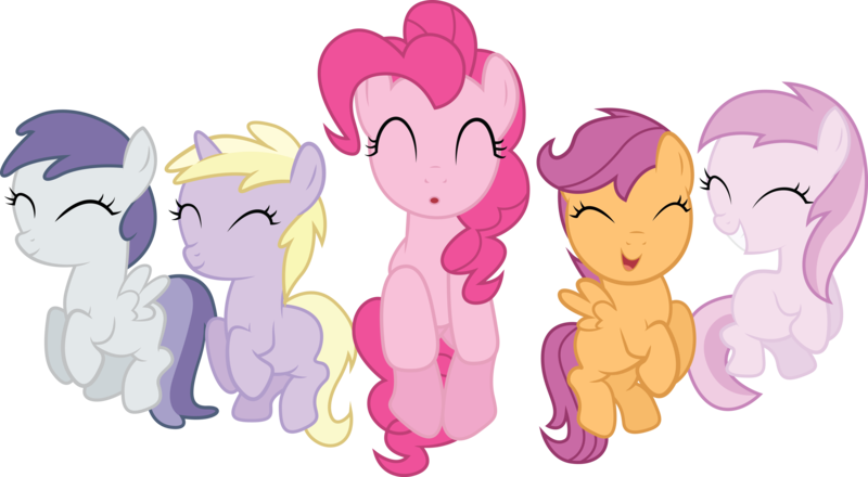 Size: 6721x3700 | Tagged: safe, artist:quanno3, derpibooru import, applecore, dinky hooves, pinkie pie, piña colada, scootaloo, tornado bolt, earth pony, pegasus, pony, unicorn, a friend in deed, background pony, eyes closed, female, filly, foal, jumping, mare, simple background, transparent background, vector