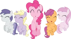 Size: 6721x3700 | Tagged: safe, artist:quanno3, derpibooru import, applecore, dinky hooves, pinkie pie, piña colada, scootaloo, tornado bolt, earth pony, pegasus, pony, unicorn, a friend in deed, background pony, eyes closed, female, filly, foal, jumping, mare, simple background, transparent background, vector