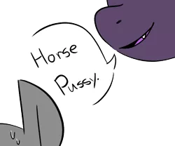 Size: 600x500 | Tagged: anonymous pony, artist:taaffeiite, derpibooru import, dialogue, fangs, female, horse pussy, mare, oc, oc:cyberia starlight, simple background, smiling, speech bubble, suggestive, sweat, transparent background, whispering