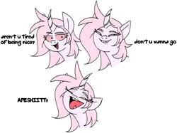 Size: 3880x2904 | Tagged: safe, artist:taaffeiite, derpibooru import, oc, oc:scarlet starlight, unofficial characters only, unicorn, albino, aren't you tired of being nice, bust, colored sclera, female, mare, meme, parent:cyberia starlight, parent:sakura starlight, simple background, smug, transparent background, vulgar