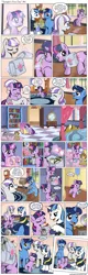 Size: 1200x3772 | Tagged: safe, artist:muffinshire, derpibooru import, night light, shining armor, smarty pants, twilight sparkle, twilight velvet, pony, unicorn, comic:twilight's first day, bag, camera, clothes, comic, cute, dexterous hooves, eyes closed, female, filly, filly twilight sparkle, foal, hug, male, mare, muffinshire is trying to murder us, open mouth, pony tipping, saddle bag, slice of life, sparkle family, stallion, tongue out, twiabetes, uniform, younger
