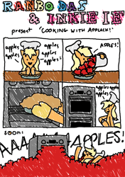 Size: 900x1277 | Tagged: safe, artist:thelastgherkin, derpibooru import, applejack, earth pony, pony, animated, applack, apple, apple pie, applenese, baking, baman piderman, chef's hat, comic, female, food, hat, mare, oven, pie, solo, that pony sure does love apples, watch, wristwatch