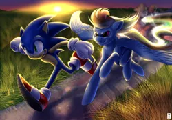 Size: 1024x713 | Tagged: artist:rannylk, crossover, derpibooru import, flying, glare, grass, grin, path, racing, rainbow dash, running, safe, smiling, sonic the hedgehog, sonic the hedgehog (series), spread wings, sunset, wings