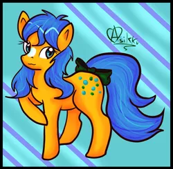 Size: 896x878 | Tagged: safe, artist:asikku, derpibooru import, bubbles (g1), earth pony, pony, abstract background, bow, g1, signature, solo, star (coat marking), tail bow