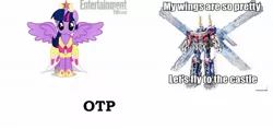 Size: 1759x828 | Tagged: safe, derpibooru import, twilight sparkle, twilight sparkle (alicorn), alicorn, pony, magical mystery cure, exploitable meme, female, let's fly to the castle, mare, meme, my wings are so pretty, optimus prime, otp, transformers, wings