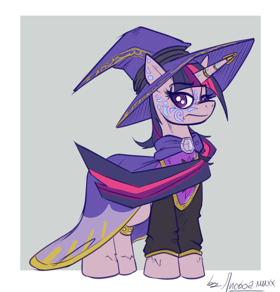 Size: 1108x1154 | Tagged: safe, artist:bylisboa, derpibooru import, twilight sparkle, pony, unicorn, equestria divided, cloak, clothes, hat, house moon and star, tattoo, unicorn twilight