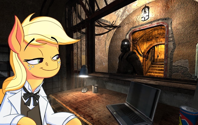 Size: 1556x982 | Tagged: safe, artist:anontheanon, derpibooru import, edit, applejack, earth pony, human, pony, applejack's plantation, basement, bunker, computer, energy drink, image, jpeg, lamp, laptop computer, s.t.a.l.k.e.r., sidorovich, table, video game