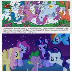 Size: 585x585 | Tagged: safe, derpibooru import, fluttershy, gypsy (g1), lickety split, majesty, pinkie pie, rainbow dash, rarity, sparkler (g1), spike, twilight sparkle, dragon, earth pony, pegasus, pony, unicorn, comic, female, g1, heartwarming, male