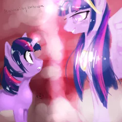 Size: 800x800 | Tagged: safe, artist:marinakirby, derpibooru import, twilight sparkle, twilight sparkle (alicorn), alicorn, pony, unicorn, 30 minute art challenge, duality, female, mare, self ponidox, ultimate twilight, unicorn twilight