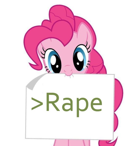 Size: 638x699 | Tagged: semi-grimdark, suggestive, derpibooru import, pinkie pie, earth pony, pony, >rape, c:, female, greentext, head tilt, looking at you, mare, mouth hold, nom, rapie pie, sign, simple background, smiling, solo, text, white background