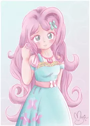 Size: 600x839 | Tagged: artist:maaimyuu, blushing, cute, dawwww, derpibooru import, female, fluttershy, geode of fauna, gradient background, hnnng, human, humanized, kotobukiya, kotobukiya fluttershy, looking at you, maaimyuu is trying to murder us, magical geodes, moe, safe, shyabetes, solo, sweet dreams fuel