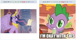 Size: 524x275 | Tagged: safe, derpibooru import, spike, twilight sparkle, twilight sparkle (alicorn), alicorn, pony, derpibooru, alicorn drama, drama, exploitable meme, juxtaposition, juxtaposition win, meme, meta