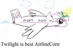 Size: 896x591 | Tagged: safe, artist:syntaxbananaz, derpibooru import, twilight sparkle, twilight sparkle (alicorn), alicorn, pony, alicorn drama, corn, drama, food, plane, pun