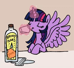 Size: 566x524 | Tagged: safe, artist:kiguren, derpibooru import, twilight sparkle, twilight sparkle (alicorn), alicorn, pony, alicorn drama, bottle, brony tears, drama, drinking, eyes closed, female, mare, solo, spread wings, wings, your tears are delicious