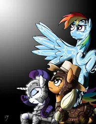 Size: 1500x1941 | Tagged: safe, artist:jaystab, derpibooru import, applejack, rainbow dash, rarity, earth pony, pegasus, pony, unicorn, fanfic:it's a dangerous business going out your door, armor, armorarity, black background, dark background, fanfic art, leather armor, light, simple background, trio