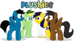 Size: 2572x1472 | Tagged: safe, artist:rainbow eevee, derpibooru import, oc, oc:dashing thunder, oc:didgeree, oc:pony video maker, oc:ponyseb 2.0, unofficial characters only, pegasus, pony, clothes, cute, cutie mark, doll, doodle, grin, heart, male, missing cutie mark, pegasus oc, plushie, simple background, smiling, spread wings, sticker, sweater, text, toy, transparent background, wings