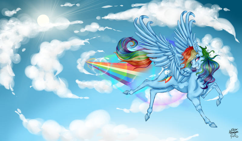 Size: 3206x1870 | Tagged: safe, artist:starmoonlightfox, derpibooru import, rainbow dash, pegasus, pony, beautiful, cloud, female, flying, hooves, mare, rainbow trail, redraw, sky, smiling, smirk, solo, spread wings, sun, wings