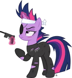 Size: 2329x2521 | Tagged: safe, artist:anime-equestria, derpibooru import, twilight sparkle, unicorn, angry, eyepatch, future twilight, gun, handgun, headband, hk mk.23, levitation, magic, metal gear, scar, simple background, solid sparkle, suppressor, telekinesis, transparent background, vector, weapon