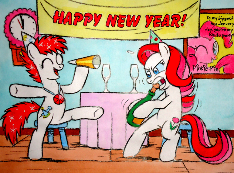 Size: 771x569 | Tagged: artist:hirake! pony key, autograph, birthday, birthday ponies, champagne, derpibooru import, g3, g3 to g4, generation leap, happy new year, hat, holiday, january carnation, january joy, jewel, jewel birthday ponies, monthly mares, new year, party, party hat, pinkie pie, safe