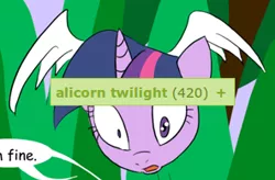 Size: 296x194 | Tagged: 420, alicorn, artist:loceri, derpibooru, derpibooru import, disembodied head, edit, exploitable meme, horn, meme, meta, safe, tags, text, twilight sparkle, twilight sparkle (alicorn), wings