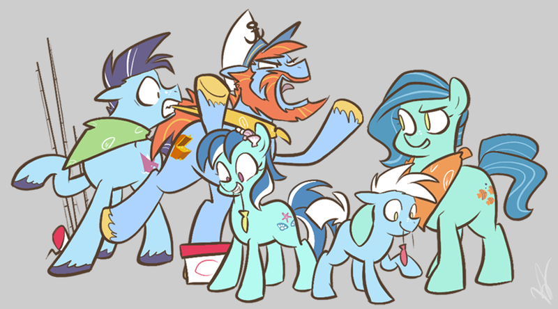 Size: 900x500 | Tagged: safe, artist:egophiliac, derpibooru import, angel (g1), barnacle, salty (g1), seaflower, earth pony, pony, slice of pony life, bandana, beard, clipper (g1), colt, facial hair, family, female, filly, fishing rod, g1, male, mare, raised hoof, stallion