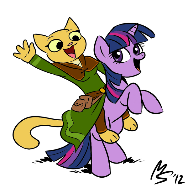 Size: 962x962 | Tagged: artist:megasweet, crossover, derpibooru import, katia managan, khajiit, prequel (webcomic), riding, safe, the elder scrolls, twilight sparkle