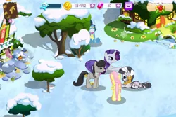 Size: 960x640 | Tagged: derpibooru import, fluttershy, gameloft, game screencap, rarity, safe, snow, soarin', spying, winter, zebra, zecora