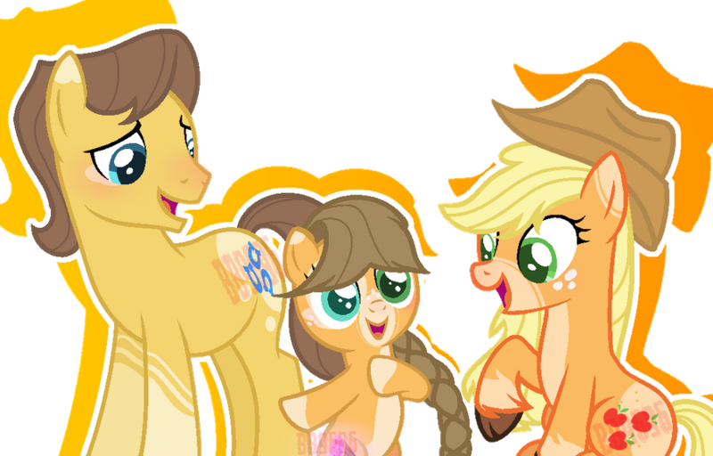 Size: 900x576 | Tagged: alternate design, applejack, artist:bonbon9696, base used, carajack, caramel, cloven hooves, derpibooru import, family, female, filly, heterochromia, male, oc, offspring, parent:applejack, parent:caramel, parents:carajack, safe, shipping, simple background, straight, transparent background, unshorn fetlocks, watermark