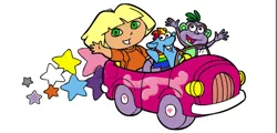 Size: 610x294 | Tagged: applejack, boots, car, crossover, derpibooru import, dora the explorer, driving, megan williams, pinkie pie's rc car, rainbow dash, safe, shoes, spike, tico