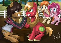 Size: 1931x1366 | Tagged: safe, artist:zorbitas, derpibooru import, big macintosh, pinkie pie, ponified, earth pony, pony, arm wrestling, bleach (manga), crossover, inoue orihime, male, stallion, yasutora sado