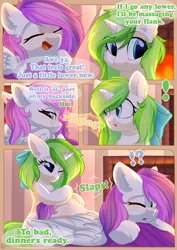 Size: 800x1132 | Tagged: safe, artist:alphadesu, derpibooru import, oc, oc:minty root, oc:snow kicker, unofficial characters only, pegasus, pony, unicorn, comic:sisterly love, amputee, bow, chest fluff, comic, ear fluff, eyes closed, female, floppy ears, hair bow, hooves, horn, lying down, mare, massage, one eye closed, open mouth, pillow, prone, ringing, sitting, slap, slapping, smiling, spanking, spread wings, wings