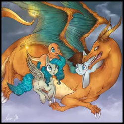 Size: 1024x1024 | Tagged: safe, artist:enigmaticalme, derpibooru import, oc, oc:kaze, oc:meep, charizard, charmander, earth pony, pegasus, pony, blushing, crossover, meze, pokémon