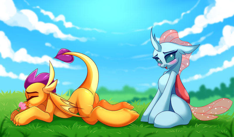 Size: 4777x2799 | Tagged: absurd resolution, artist:airiniblock, beautiful, blushing, changedling, changeling, commission, cute, derpibooru import, diaocelles, dragon, dragoness, duo, eyes closed, female, flower, grass, grass field, implied lesbian, implied shipping, implied smolcellus, looking at you, ocellus, open mouth, pretty, safe, shipping fuel, smelling, smolder, smolderbetes, smolderriere