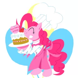 Size: 1000x1000 | Tagged: apron, artist:30clock, cake, chef's hat, clothes, derpibooru import, food, hat, pinkie pie, pixiv, safe, solo