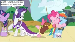 Size: 1244x697 | Tagged: safe, derpibooru import, edit, edited screencap, screencap, pinkie pie, rainbow dash, rarity, twilight sparkle, hearth's warming eve (episode), caption, female, hearth's warming eve, hug, image macro, lesbian, meme, pinkiedash, shipper on deck, shipping, text