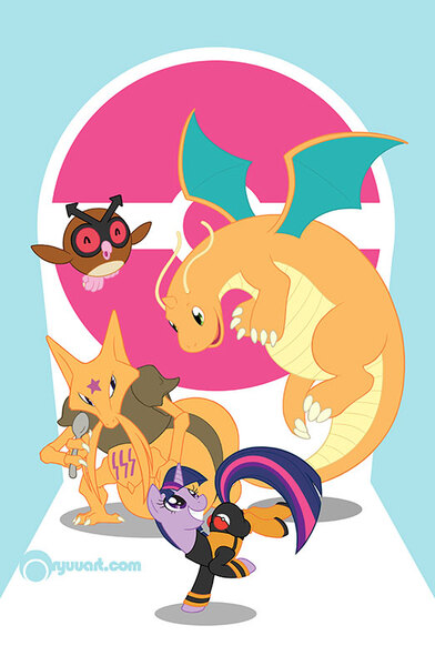 Size: 522x800 | Tagged: artist:alienfirst, crossover, derpibooru import, dragonite, hoothoot, kadabra, pokémon, safe, twilight sparkle